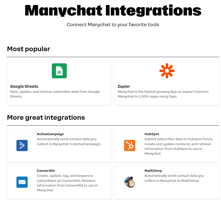 ManyChat integrations with Google Sheets, Zapier, HubSpot, and more