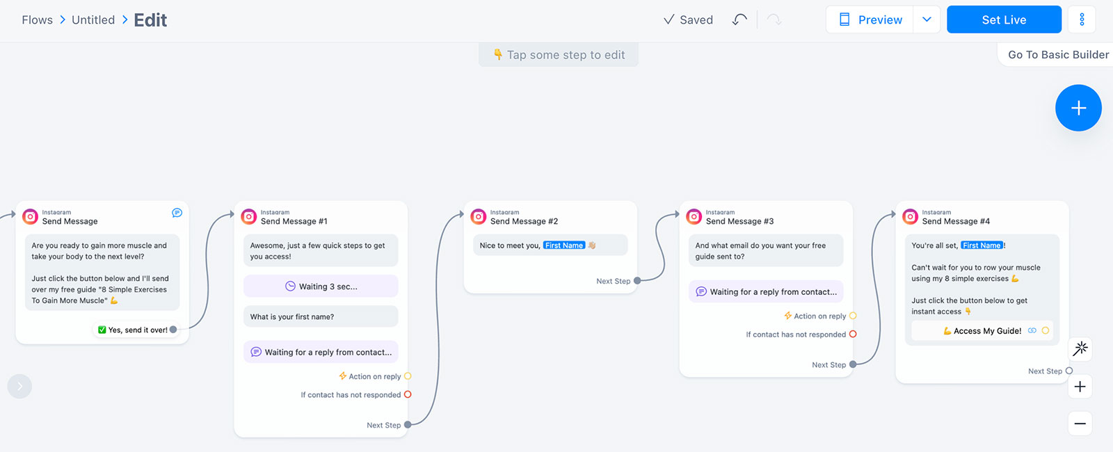 ManyChat automation flow builder showing 5-step DM sequence